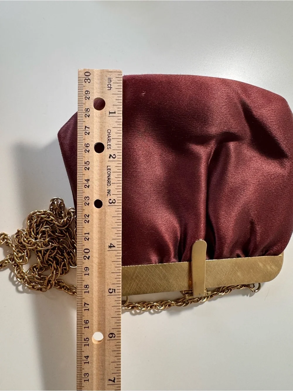 Vintage Retro Burgundy Brown Satin Evening Clutch Bag Gold Chain & lift clasp